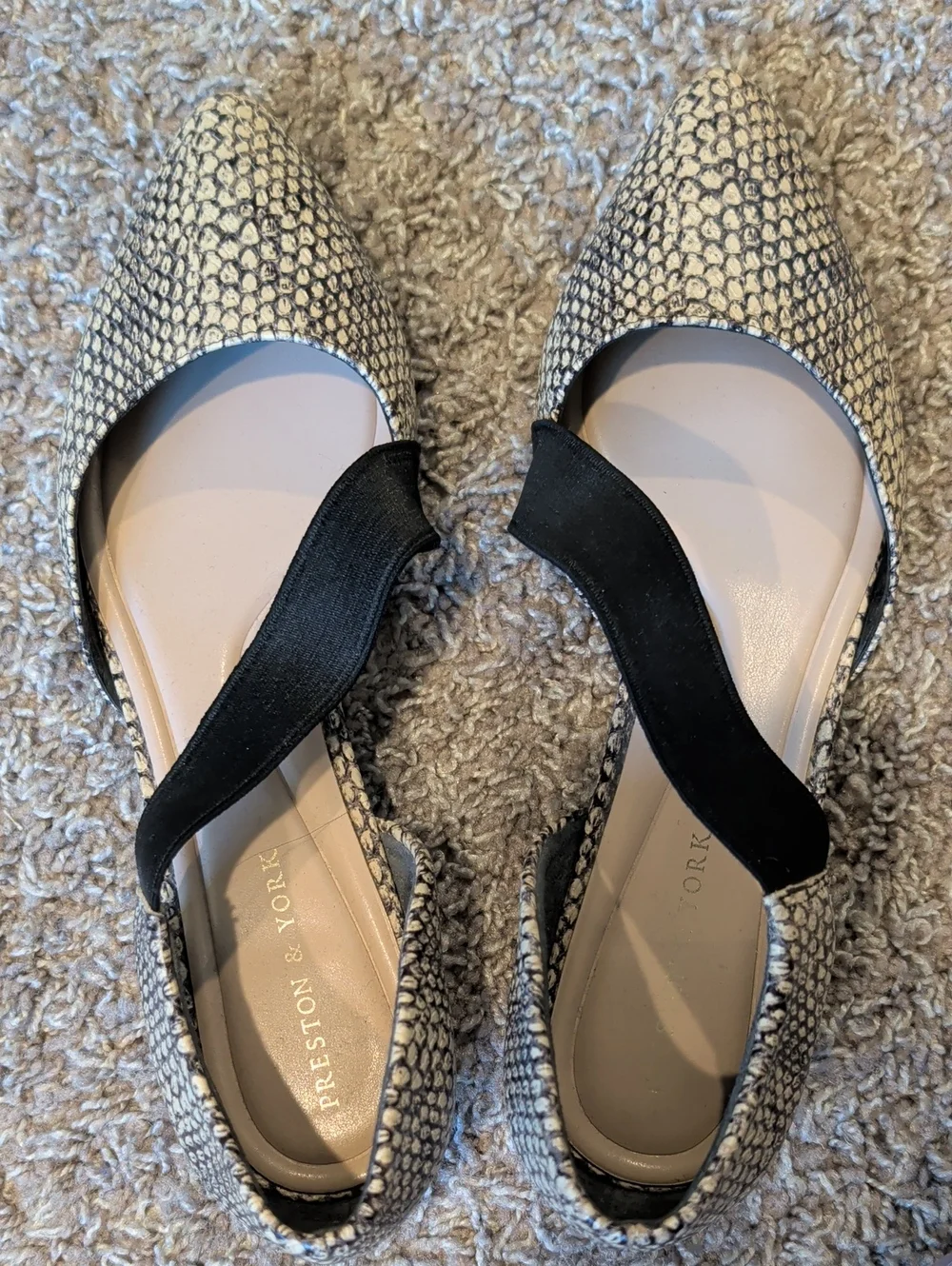Preston & York Neutral Snake-Print Pointed D'Orsay Flats with Black Cross Strap